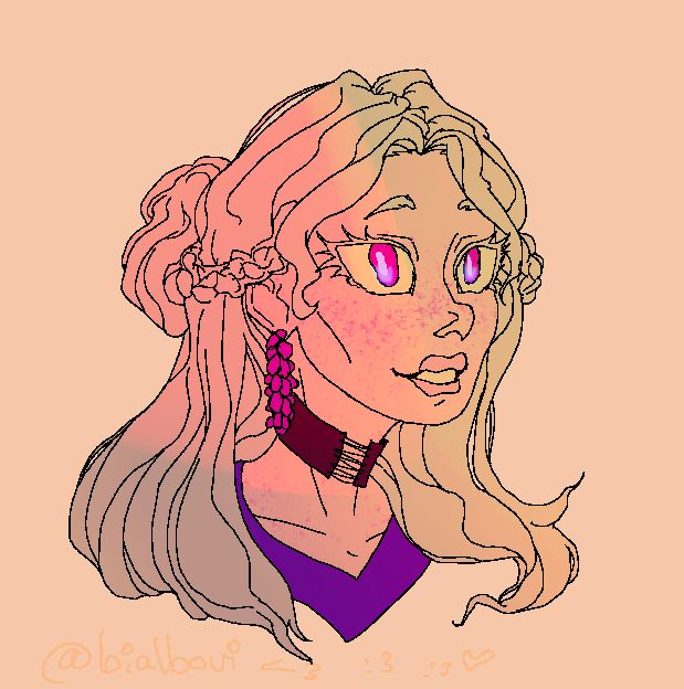 It’s a head of a female character with long white hair, big excited pink eyes, round features, freckles, puffy smiling lips, she has braids to the sides attached to a bun on the back, she wears a leathery choker thingy and has long purple flower earrings 
