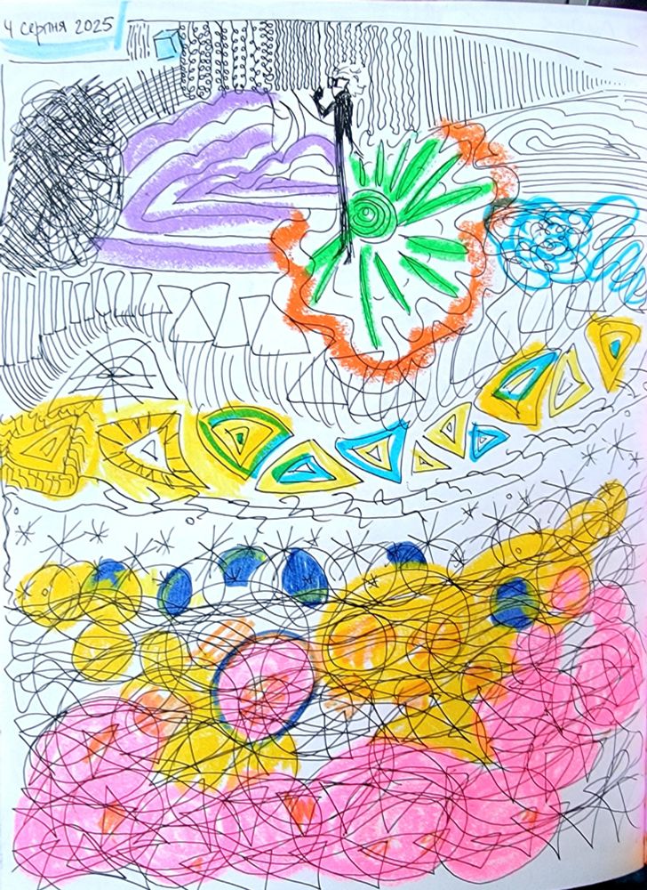 It's an abstract drawing made in scribbles of the sky and many overlapping patterns made in black pen and coloured. There's a small doodle of me standing in a black costume