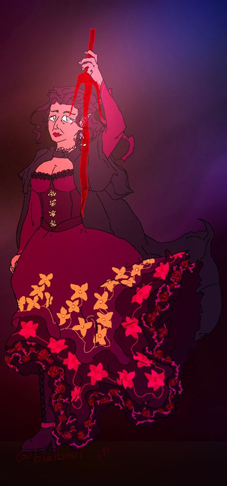 It’s a character in a long red layered dress with many forsythias, lilys and roses on her skirt. She wears a dark cloak on her shoulders, she wears a choker, detailed earrings, boots, she has pointy ears and mid brown hair and she holds a blood dagger in one of her hands. There are ribbons in her costume. The lighting is dark moody, soft and mysterious