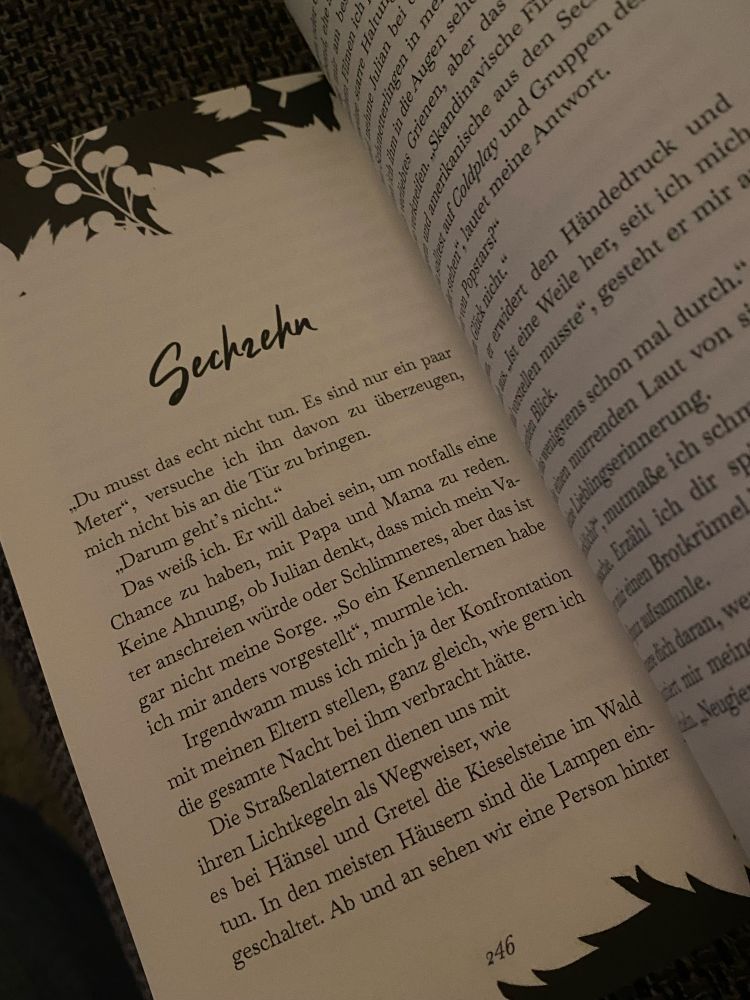 Einblick ins Buch. Oberer und unterer Steg der Seite mit Blättergirlandw versehen. 
Seite 246: Sechzehn

„Du musst das echt nicht tun. Es sind nur ein paar Meter", versuche ich ihn davon zu überzeugen, mich nicht bis an die Tür zu bringen.

„Darum geht's nicht."
Das weiß ich. Er will dabei sein, um notfalls eine Chance zu haben, mit Papa und Mama zu reden.
Keine Ahnung, ob Julian denkt, dass mich mein Vater anschreien würde oder Schlimmeres, aber das ist gar nicht meine Sorge. „So ein Kennenlernen habe ich mir anders vorgestellt", murmle ich.

