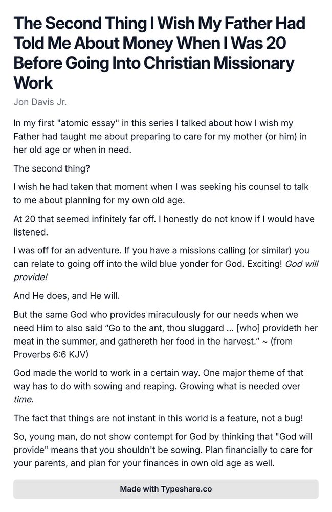 Screenshot essay titled 'The Second Thing I Wish My Father Had Told Me About Money When I Was 20 Before Going Into Christian Missionary Work.' The text conveys the author's reflections on financial lessons he wished his father had shared, emphasizing the importance of planning for one's own old age and caring for parents in need. The author shares personal insights on seeking adventure in missionary work, highlighting the balance between faith and financial responsibility. The essay quotes Proverbs 6:6, relating the biblical teaching to the principle of sowing and reaping over time, and urges young people to take their financial planning seriously rather than solely relying on divine provision.