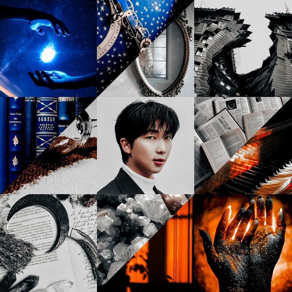 double split moodboard by sakura (sowoozooaes on twt). top left is blue, with magical aura between hands, magic books, and stars. middle split is white, with namjoon at the center looking directly at you, open books, spilled wine, a scythce, and warped buildings. the bottom right is golden orange, with a piano, curtained window and dark hands dusted in gold. 