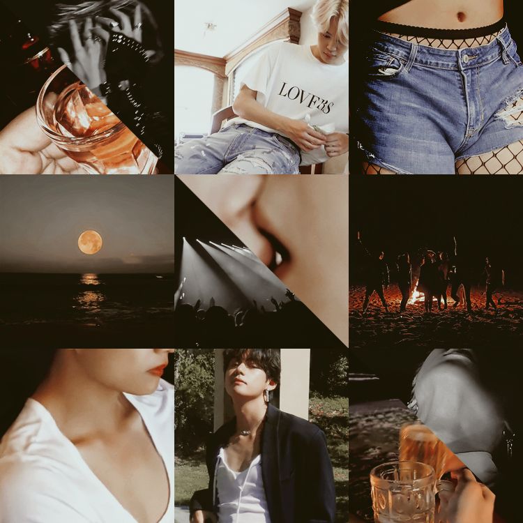 orange and white split 3x3 (top left to bottom right) moodboard by introtesona for vmin story "my sea, mare meum" 

from left to right: 

(top row) - half image of a glass of alcohol in being held in a hand, half image of two arms with a ripped sleeve, blond park jimin in a white tshirt and ripped jeans, the waist and lower torso in ripped jean shorts and fishnet tights
(middle row) - the moon reflecting over the water on the beach, black and white half image of a club, half image of two people kissing, image of people dancing around the fire on the beach
(bottom row) - kim taehyung from the nose down with his collarbones peeking from under his white shirt and red lips, kim taehyung in a white shirt with string tops and a black blazer, half image of two people cheersing with beer mugs, half image of park jimin from the neck up with his head tilted back