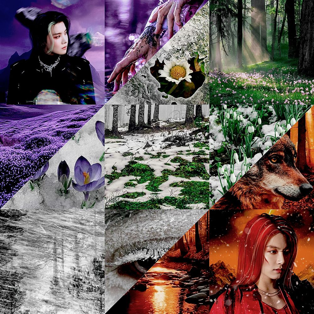 a double split (bottome left to top right) 3x3 moodboard by sakura (sowoozooaes) for hopekook story "that we become the same clay, desire and trembling columns" 

images listed from left to right: 

(top left) - in purple: jung hoseok with a black hair and misty green streak wearing black and looking to the right, hands with dirt staining them to symbolize hoseoks underground magic, a field of purple tall grass
(middle split) - in white and green to symbolize the melting of snow: half images of snow covered flowers, a snowy covered mountain, an eye with frozen skin and lashes, melting snow on grass, melting snow on flowers, a shining forest with flowers.
(bottom right) - in red and orange: a red wolf looking to the right, a body of water glowing red and orange, jeon jeongguk looking to the right with long red hair while wearing a red outfit.