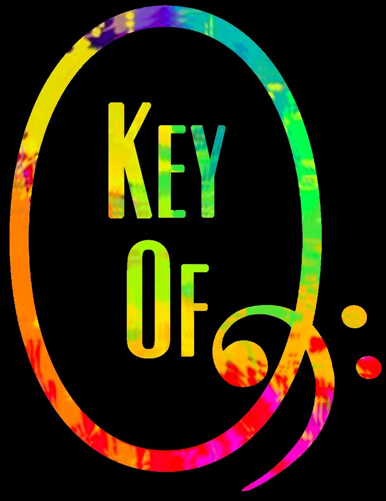The Key of Q logo, in colorful tie dye. 