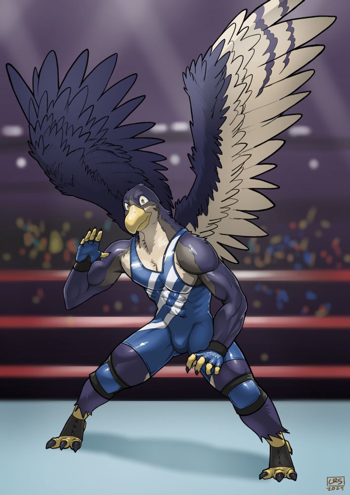 Digital art of Graeqirr, a blue/gray/cream-feathered falcon anthro clad in a white-striped blue singlet and blue and black gloves, knee pads, and spats. He stands at one side of a wrestling ring, ready in a wide stance, wings raised, looking at the viewer with a friendly expression. The dark background features the abstraction of lights and a crowd.