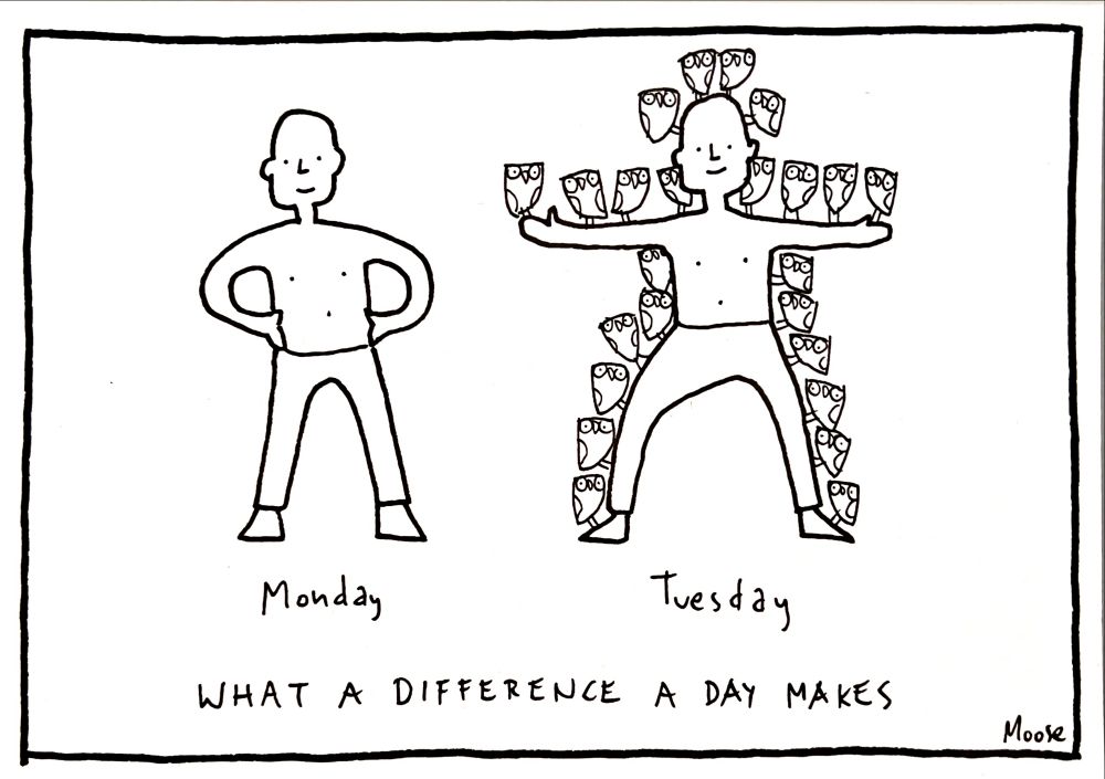Cartoon. On the left a man with his legs slightly apart, hands on hips. He’s not wearing a top (although that’s not a relevant detail). Underneath is written Monday. On the right the same man with his arms out. Perched all over him are 24 little owls. Below him is written Tuesday. Caption: WHAT A DIFFERENCE A DAY MAKES 