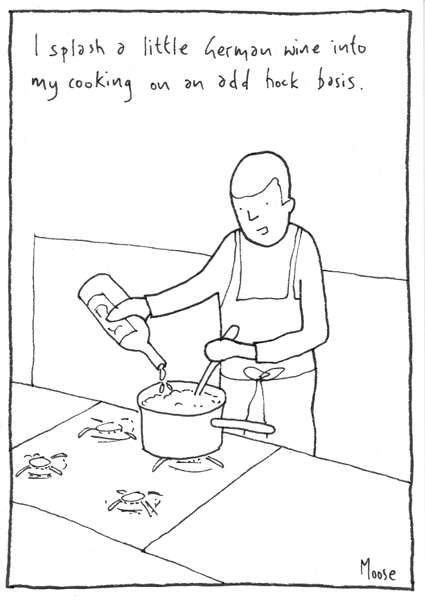 Cartoon of a man cooking, pouring from a bottle into a pan he's stirring. Caption “I splash a little German wine into my cooking on an add hock basis"