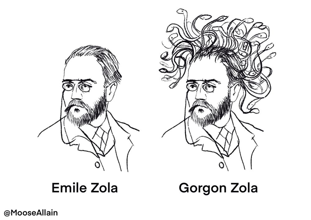 Two drawings of the writer Emile Zola. They are the same, except the one on the right has hair made of snakes (you can probably guess where this is going). Left caption: Emile Zola. Right caption: Gorgon Zola.