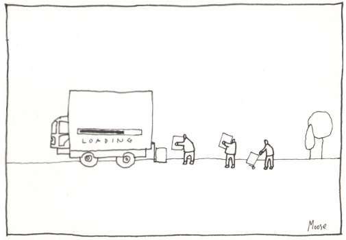 Cartoon: Side view of some people loading boxes in onto the back of a lorry. On the lorry is a 'loading' bar like you get on some websites.