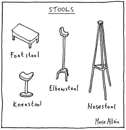 Cartoon: drawings of four stools, appropriately shaped: 
Footstool, Kneestool, Elbowstool, Nosestool
Caption: STOOLS