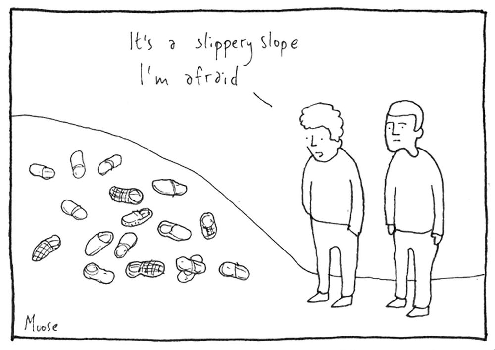 Cartoon of two people standing looking at a small hillock covered in several items of footwear. One is saying  to the other "It's a slippery slope I'm afraid".