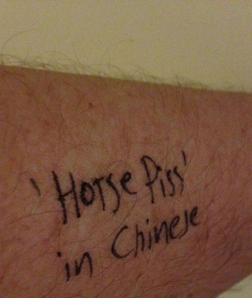 It's a photo of part of my arm with the words "'Horse Piss' in Chinese" written on it in black ink.