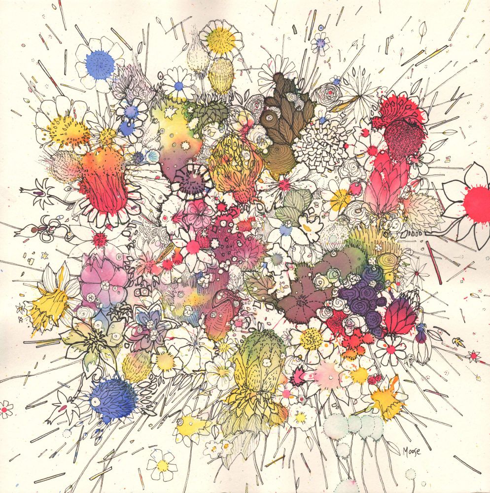 Brightly coloured drawing of flowers made of ink splashes and fine black lines 