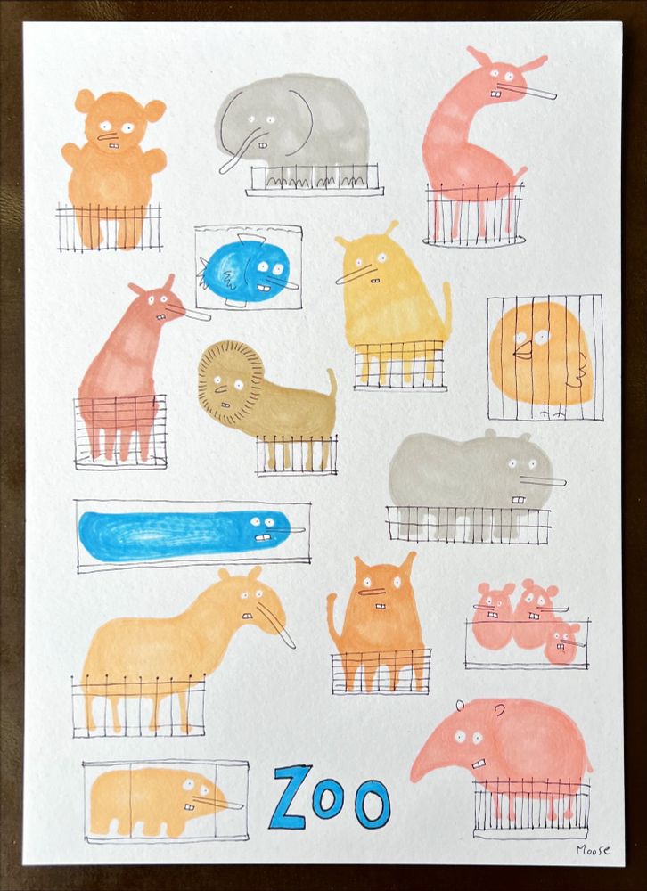 Drawing of a zoo with several weird looking creatures in little cages and tanks. 