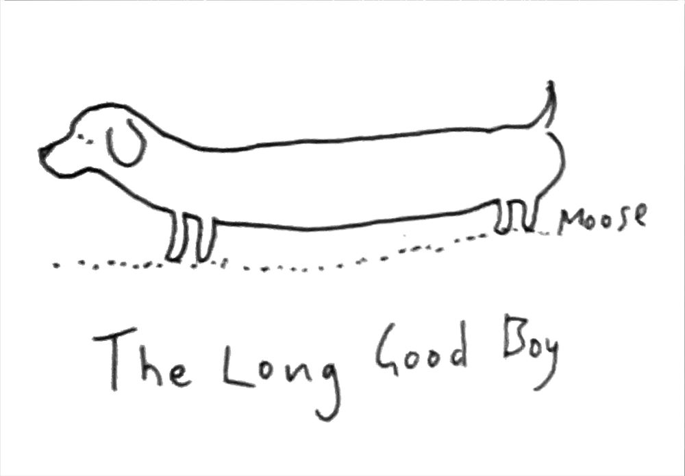 Cartoon of a long dachshund. Caption: The Long Good Boy