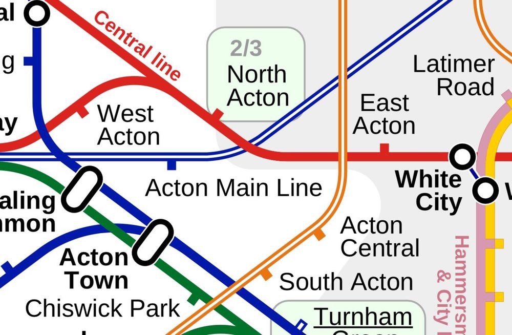 Screenshot of the London tube map showing the various stations of Acton