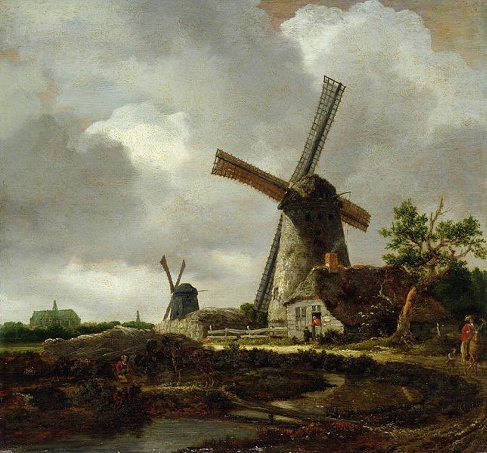 The image shows the 17th century painting “Landscape with Windmills near Haarlem” by the Dutch painter Jacob van Ruisdael. 