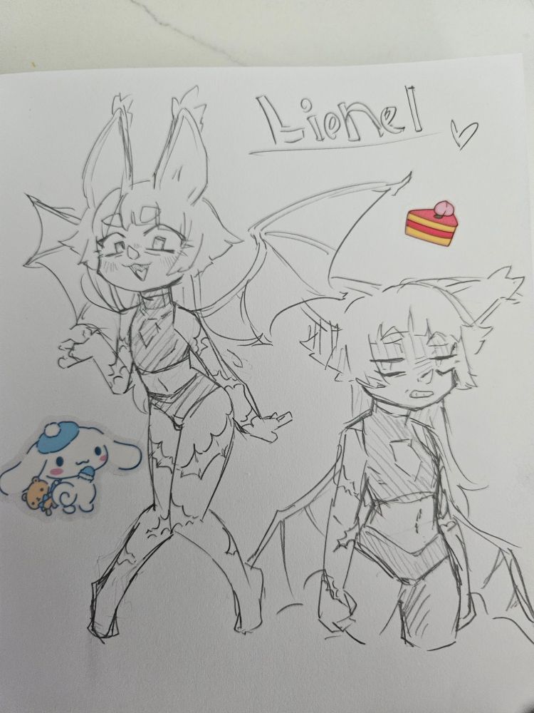 Referance sheet of a bat / incubus femboy in full body and half body poses. One looks happy and smug and the other looks disgusted. He's wearing a tight latex 2- piece suit and is covered in scars? (I think, could also be decorated gloves. I haven't decided)
His name is lionel :3