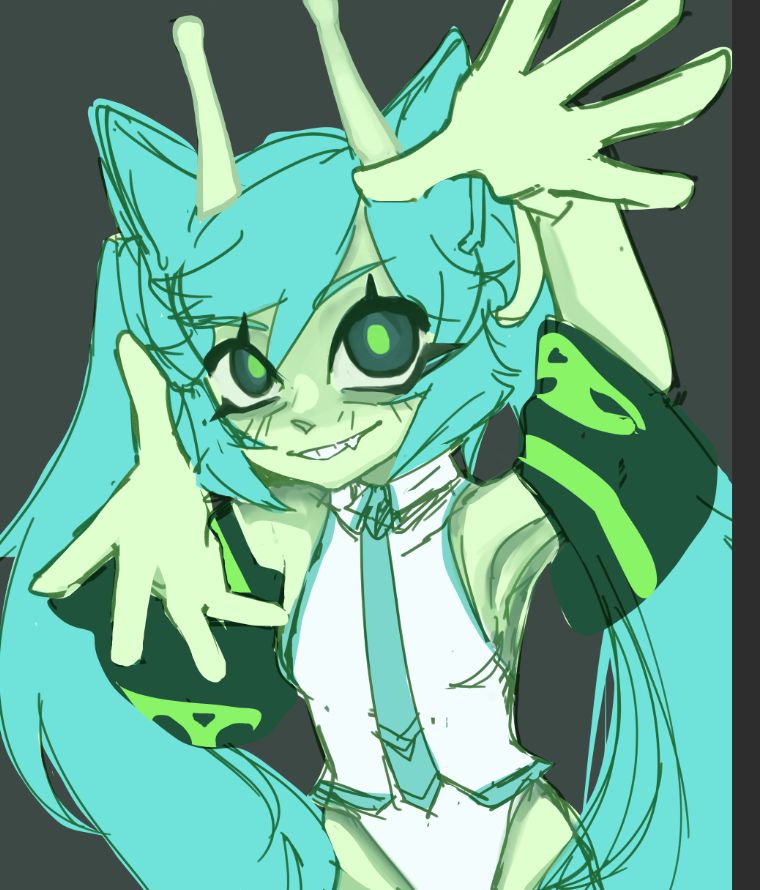 alien/cat glorpi miku with hands up in dramatic pose. she has green skin and long teal hair