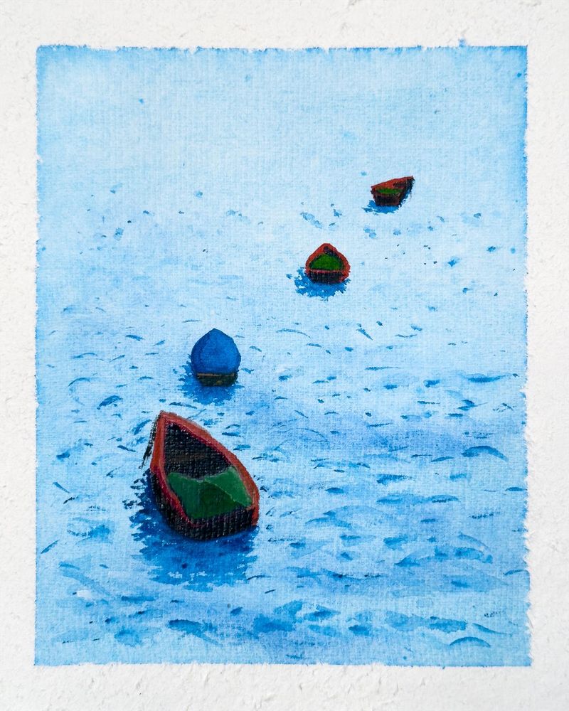 Watercolour painting of boats seen on Hong Kong harbour. 