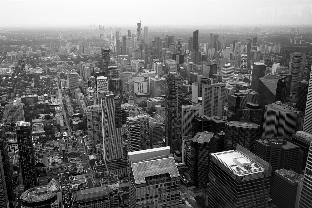 Black and white photo of Toronto from CN Tower. 