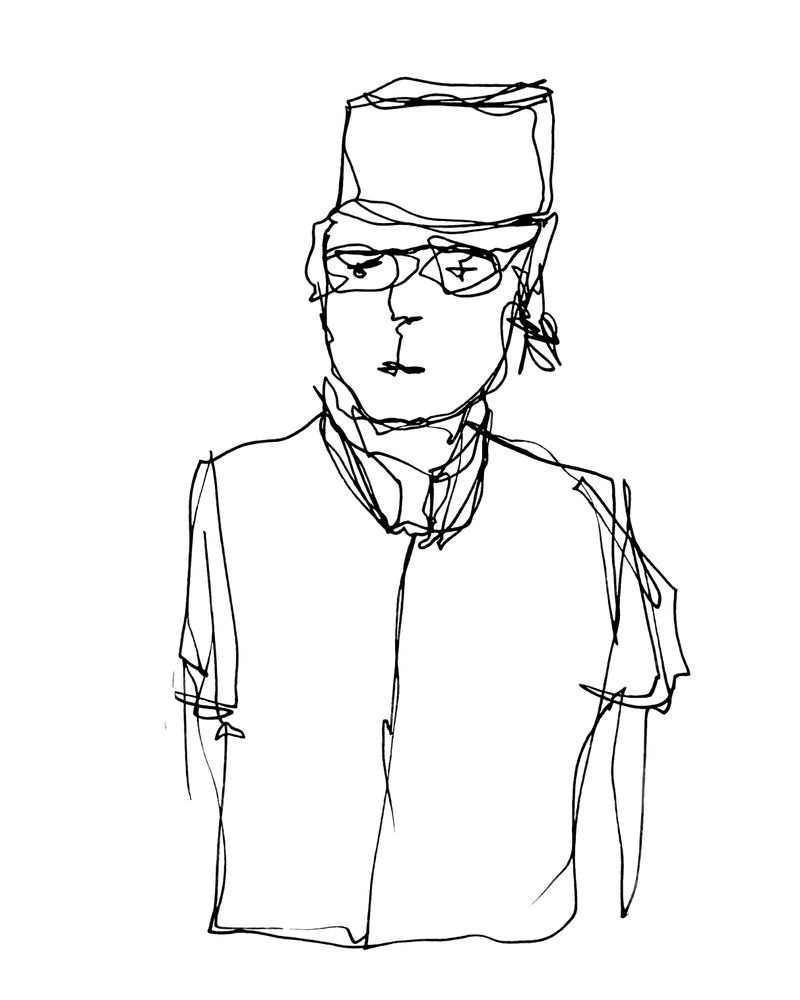 Ink sketch of a person in a hat.  
