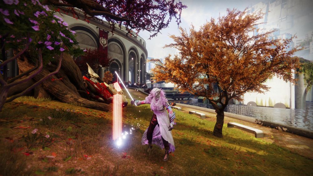 My warlock from Destiny 2 in an outfit that is white on top with chocolate brown pants to look like a cupcke