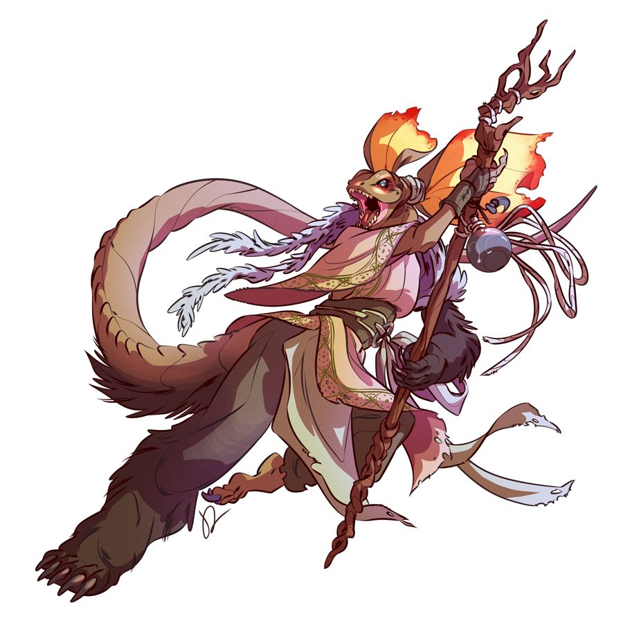 Drawing of a lizard character wearing a layered and belted tunic. In one hand she's holding a long wooden staff that's decorated with a bear claw and a round glass bottle. One of her legs and one of her arms are transforming into a bear's leg and arm. Her frill is pulled back into two ponytail-like bindings.