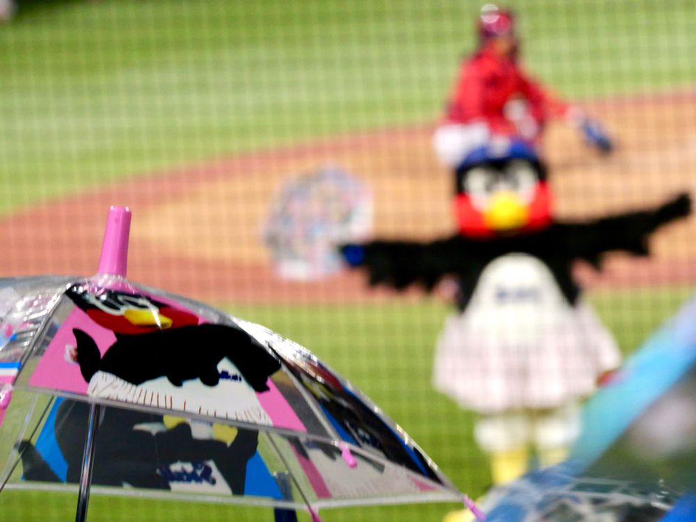 つばみちゃん柄の応援傘が手前に
奥にはつばみちゃん　
ピントは応援傘