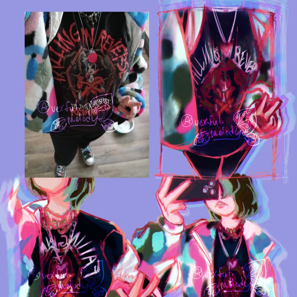 Was told to come in wearing whatever im comfortable in/my style. Wore my falling in reverse - im not a vampire (revamped) tshirt, black baggy/loose skinny jeans, and my multicoloured fake fur coat. Paired with a jumbled mess of a choker and my everyday necklace. 