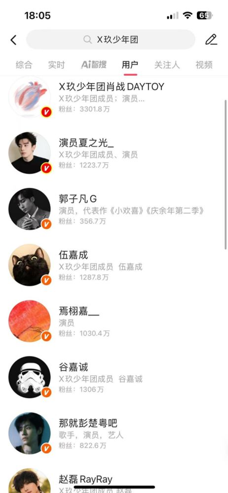 A weibo search list of X-Nine members