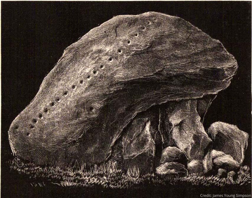 Black and white sketch of a large boulder with cup marks carved in a line along it