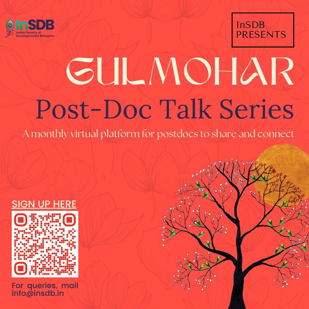 A bright red poster with a large tree in the bottom right corner. The text “Gulmohar Post-Doc Talk Series” is displayed at the top. Below, it reads “A monthly virtual platform for postdocs to share and connect.” A QR code is provided for sign-up, and contact information is given in the bottom right corner.
