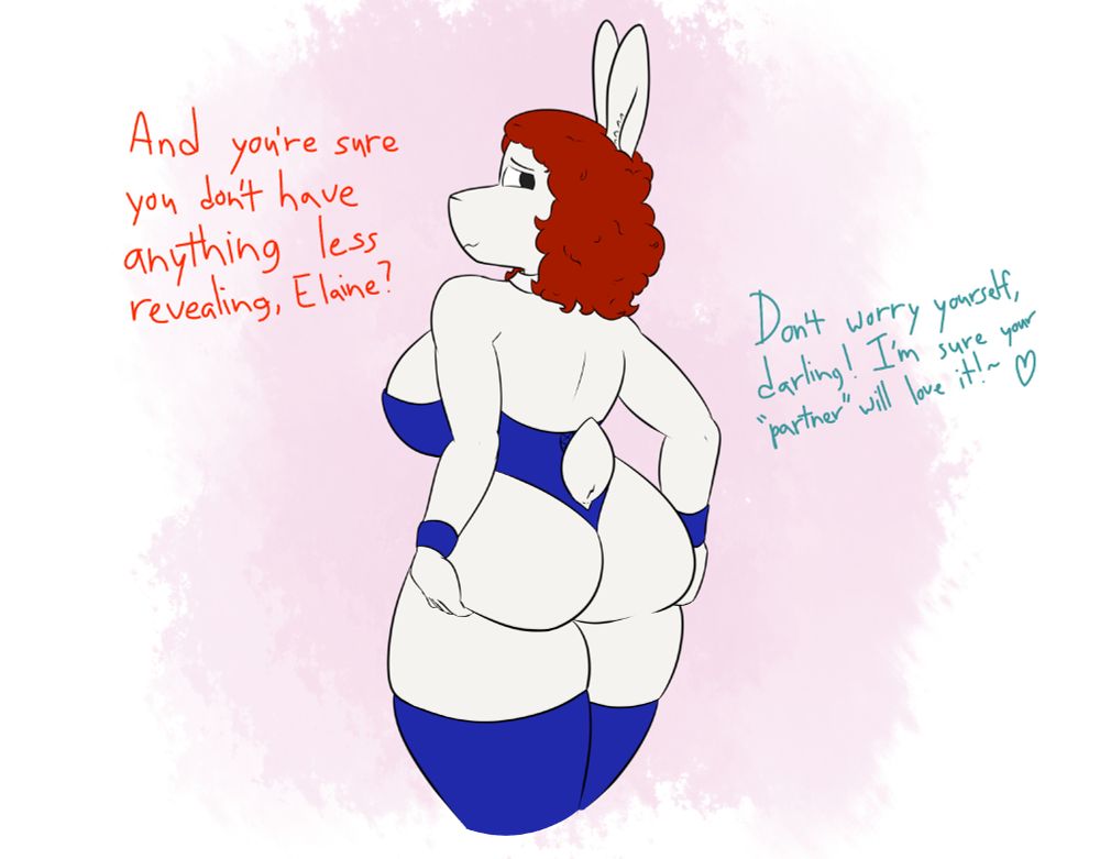 Aneta squeezing her chubby bunny body into a blue bunny suit. She's grabbing her butt and is saying "And you're sure you don't have anything less revealing, Elaine?" Elaine responds with "Don't worry yourself, darling! I'm sure your 'partner' will love it!" 