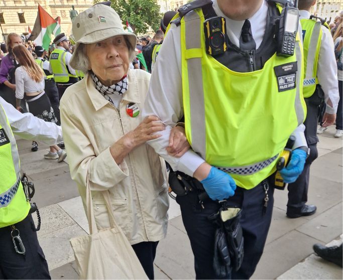 Armed officers leading away an old lady they are arresting for terrorism, as she has to hold one's arm for support.