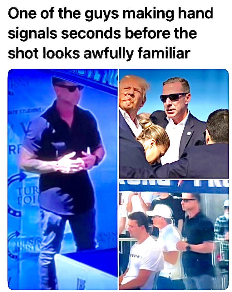 Image of the same security guy at the Trump shooting making hand signals seconds before Charlie Kirk's murder.
