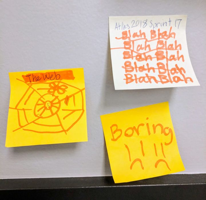 Post-It notes reading "Blah Blah Blah", "The Web" and "Boring :( :("