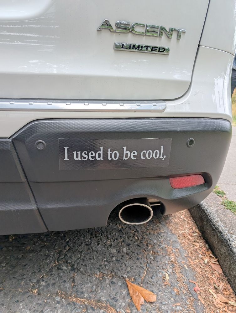 Bumper sticker that reads "I used to be cool."