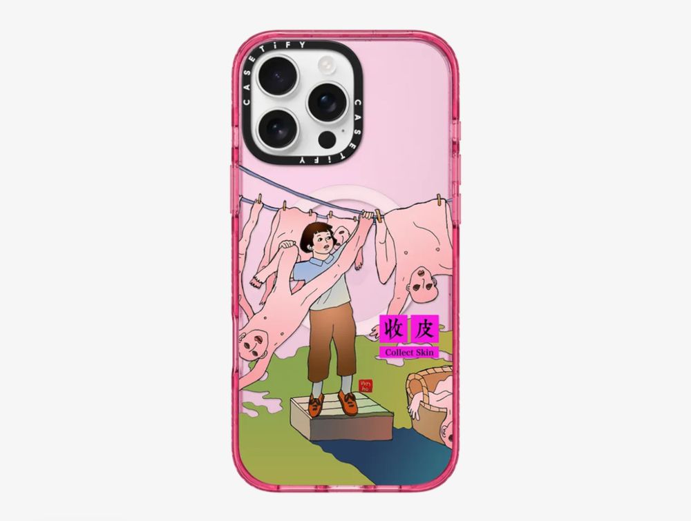 pink iphone case, on the back is an outdoor scene where shedded skin is hanging on a clothes line and a person is gathering it into a basket. japanese characters are also written with a translation of “collect skin” below it. 