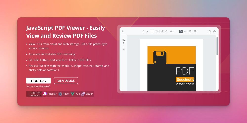 Still looking for a feature-rich PDF front-end component? Try Syncfusion PDF Viewer, which supports multiple frameworks including React, Vue, Angular, Blazor, etc. If you are an independent developer or a company with an annual income of less than 1 million USD, you can also apply for a free license