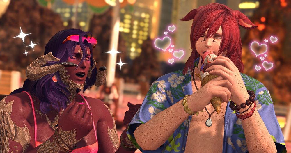 G'raha happily eating a stacked ice cream cone while Khepri looks on in awe.