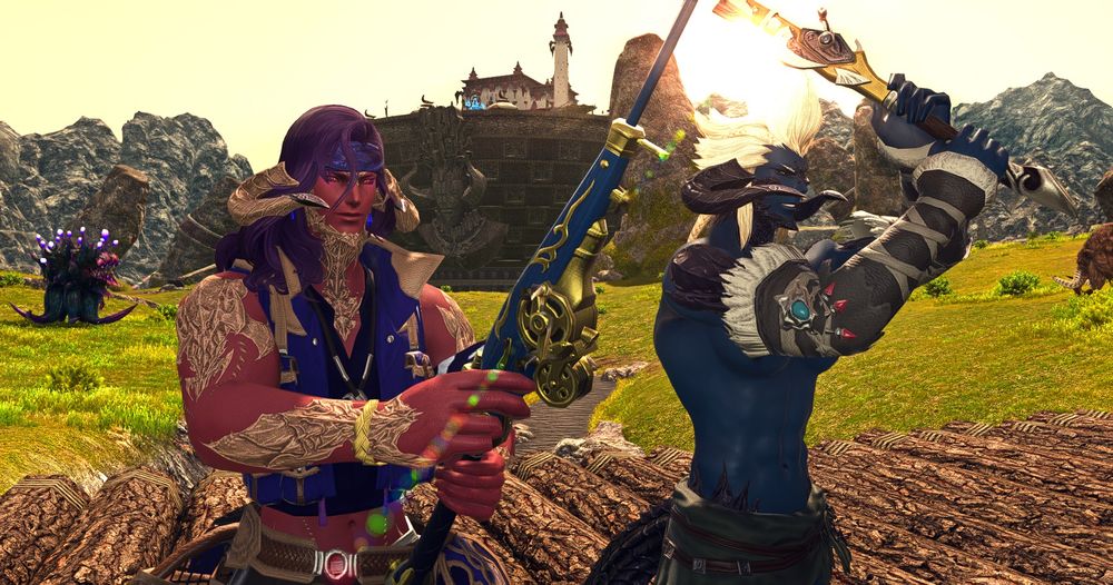 Khepri and Daidukul fishing on the Steppe, the Dawn Throne is visible in the background.