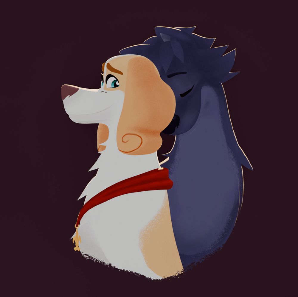 Blender 3D render of the main canine duo of the Belfort And Lupin tv show, affectionately resting their heads against each other.