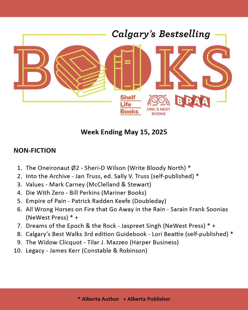 Calgary Bestseller List for the week ending  May 15, 2025. A PDF of the list can be found on our website through the following URL: https://bookpublishers.ab.ca/programs/calgary-bestseller-list/
