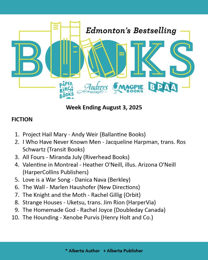 Edmonton Bestseller List for the week ending August 3, 2025. A PDF of the list can be found on our website through the following URL: http://bookpublishers.ab.ca/programs/edmonton-bestseller-list/