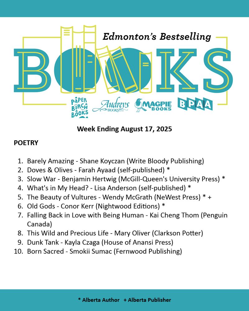 Edmonton Bestseller List for the week ending August 17, 2025. A PDF of the list can be found on our website through the following URL: http://bookpublishers.ab.ca/programs/edmonton-bestseller-list/