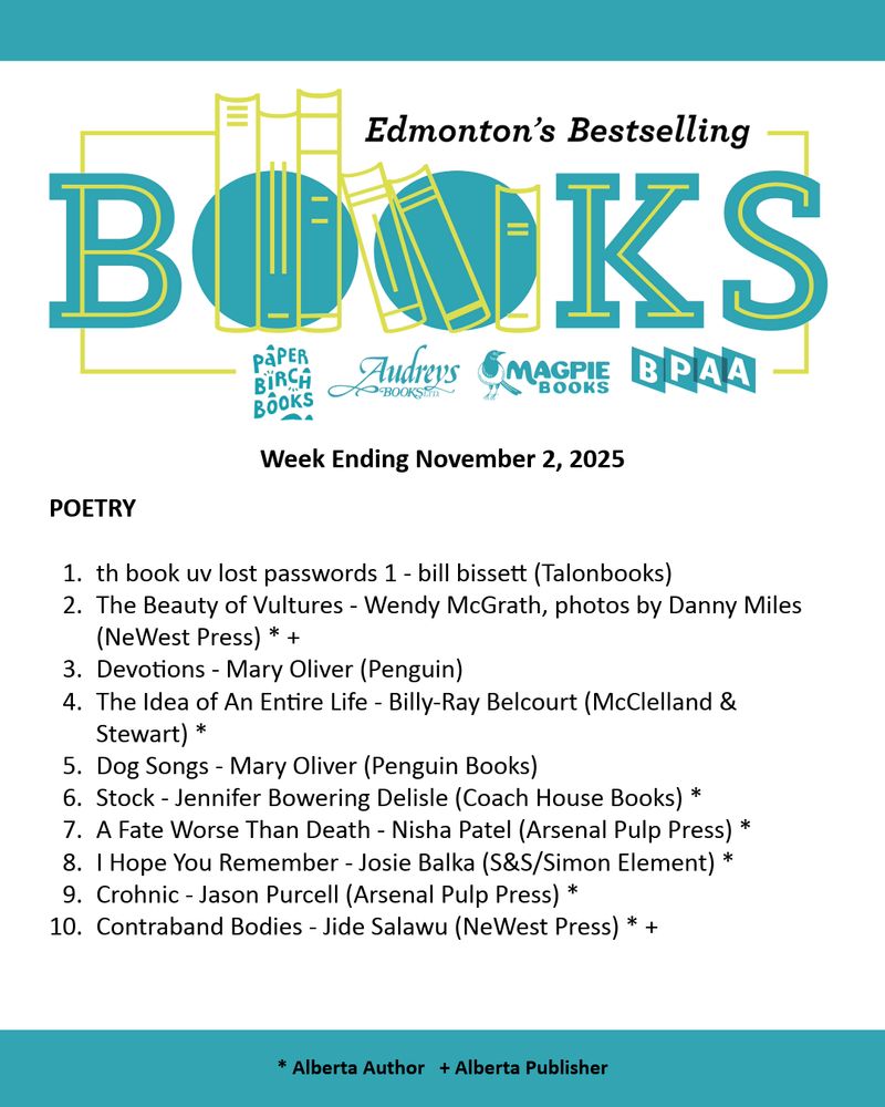 Edmonton Bestseller List for the week ending November 2, 2025. A PDF of the list can be found on our website through the following URL: http://bookpublishers.ab.ca/programs/edmonton-bestseller-list/