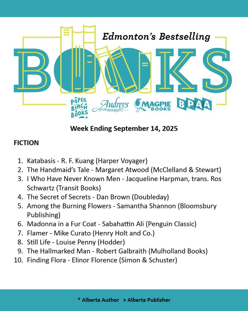 Edmonton Bestseller List for the week ending September 14, 2025. A PDF of the list can be found on our website through the following URL: http://bookpublishers.ab.ca/programs/edmonton-bestseller-list/