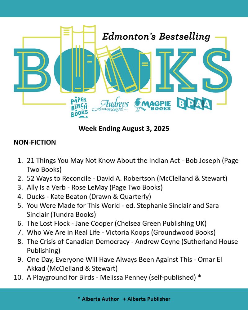 Edmonton Bestseller List for the week ending August 3, 2025. A PDF of the list can be found on our website through the following URL: http://bookpublishers.ab.ca/programs/edmonton-bestseller-list/